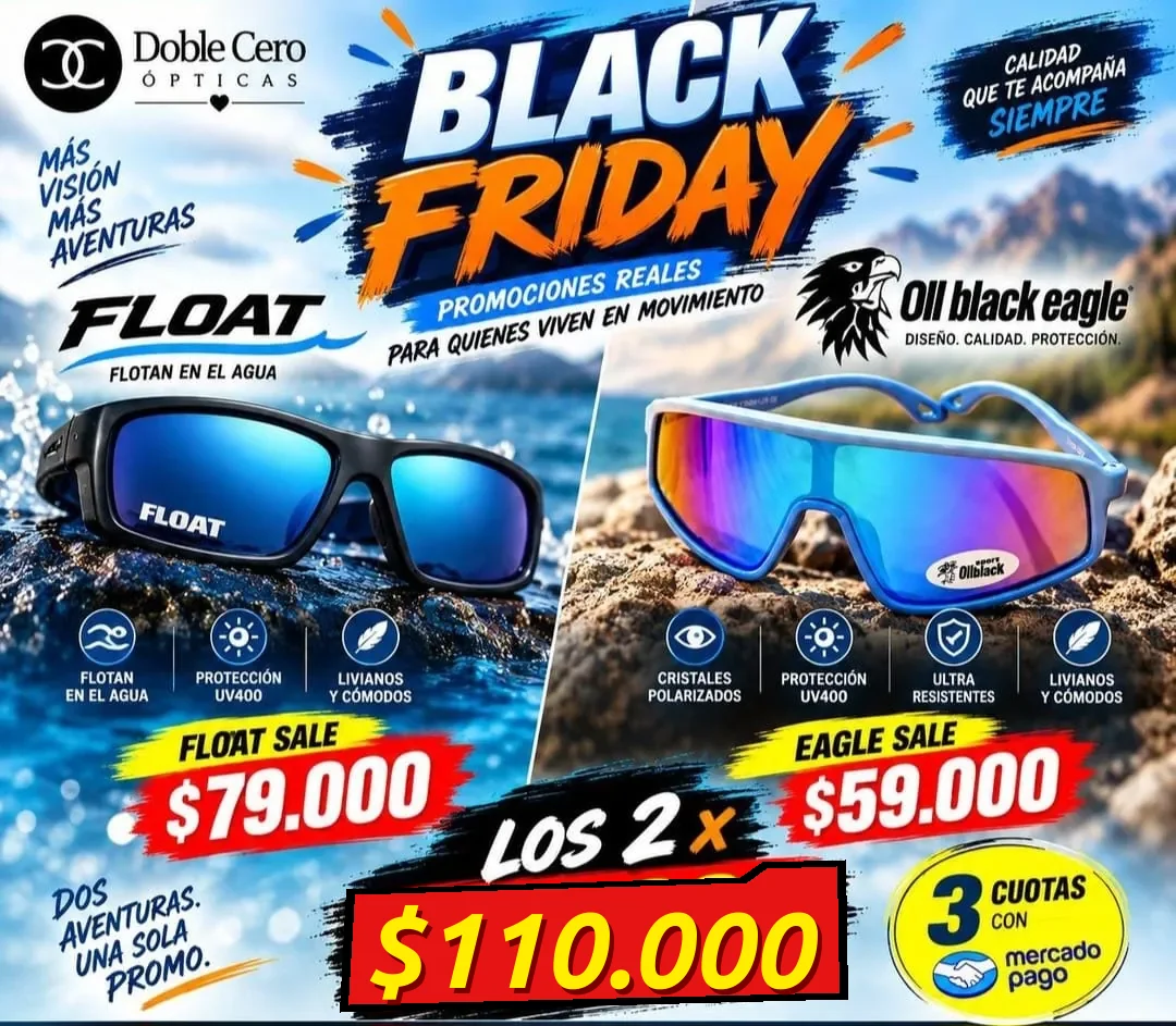 Folleto Black Friday de Doble Cero Ópticas: Float Sale $79.000, Eagle Sale $59.000, los 2 por $110.000 (oferta por todo octubre), 3 cuotas con Mercado Pago